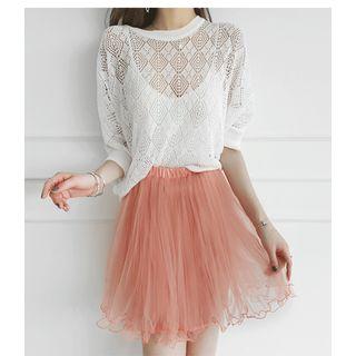 Band-waist Tulle-overlay Crinkled Mini Skirt Pink - One Size