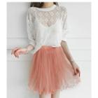 Band-waist Tulle-overlay Crinkled Mini Skirt Pink - One Size