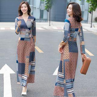 Patterned Long-sleeve Tie-waist Maxi A-line Dress