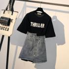 Set: 3/4-sleeve Lettering Long T-shirt + Asymmetrical Denim Skirt