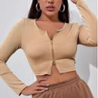 Long Sleeve Plain Ribbed-knit Crop Jacket