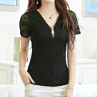 Lace Panel Zip Front Short Sleeve T-shirt