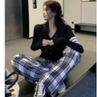 Long-sleeve Button-up Knit Top / Plaid Wide Leg Pants