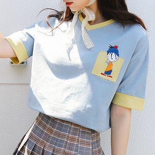 Short-sleeve Cartoon Embroidered V-neck T-shirt
