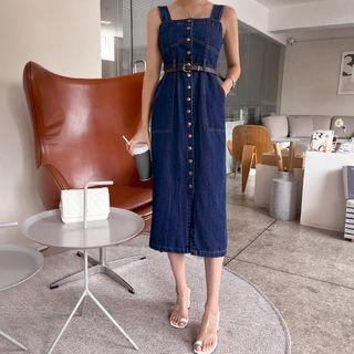 Denim Midi Overall Dress With Belt