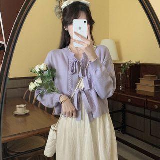 Tie-strap Cropped Cardigan / Lace Panel Midi A-line Dress