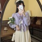 Tie-strap Cropped Cardigan / Lace Panel Midi A-line Dress
