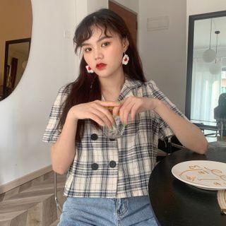Plaid Short-sleeve Double-breasted Blouse
