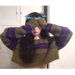 Cropped Striped Sweater Purple & Green - One Size