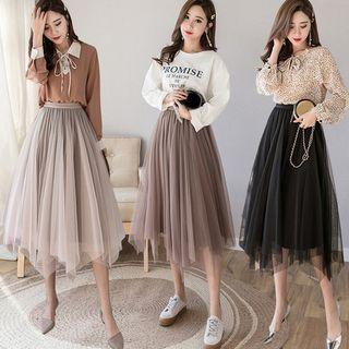 Irregular Hem Mesh Midi A-line Skirt