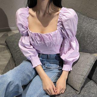 Ruffled 3/4-sleeve Square-neck Cropped Blouse