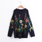 Long Sleeve Floral Embroidered Sweater Knitted Pullover