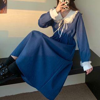 Puff-sleeve Ruffled Collar Midi A-line Dress