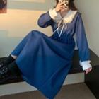 Puff-sleeve Ruffled Collar Midi A-line Dress