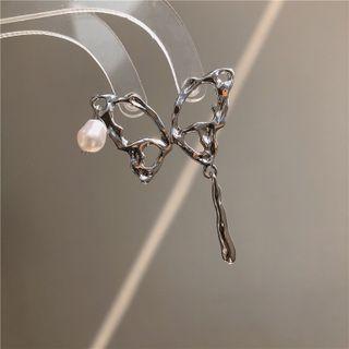 Butterfly Faux Pearl Asymmetrical Alloy Earring 1 Pair - Silver - One Size