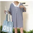 Striped Elbow Sleeve Collared T-shirt Dress