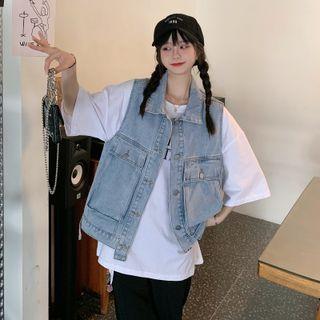 Lapel Big-pocket Denim Tank Top