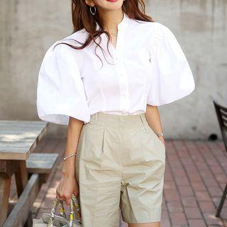 Set: Split-neck Puff-sleeve Blouse + High-waist Wide-leg Shorts