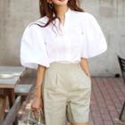 Set: Split-neck Puff-sleeve Blouse + High-waist Wide-leg Shorts