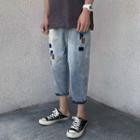 Band-waist Paneled Washed Cropped Jeans