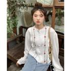 Long-sleeve Flower Embroidered Blouse As Figure - One Size