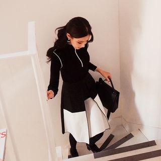 Set: Contrast-trim Knit Top + Color-block Skirt