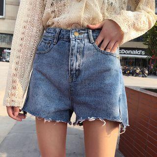 High-waist Slit Denim Shorts