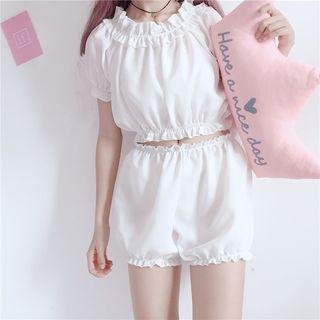 Set: Short-sleeve Frill Trim Cropped Top + Shorts