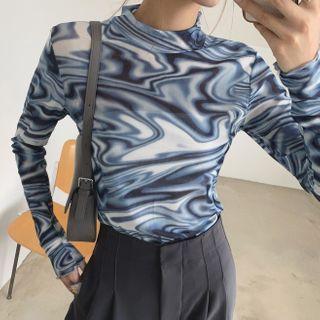 Long-sleeve Marble Print Mock-neck Top