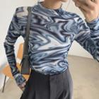 Long-sleeve Marble Print Mock-neck Top