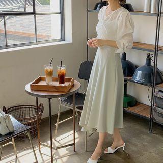 Elbow-sleeve V-neck Blouse / Asymmetrical Midi A-line Skirt