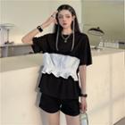 Short-sleeve Two-tone Shirred Frill Trim T-shirt