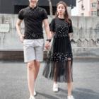 Couple Matching Printed Short-sleeve Polo Shirt / Shorts / Set: Short-sleeve Long T-shirt + Mesh Strappy Midi Dress