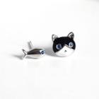 925 Sterling Silver Cat & Fish Earring Cat & Fish - Black & Silver - One Size