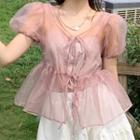 Set: Puff-sleeve Mesh Peplum Blouse + Camisole Top