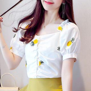Balloon-sleeve Cherry Embroidered Blouse