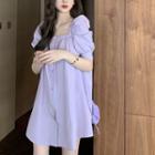 Balloon-sleeve Square-neck Dress Purple Dress - One Size