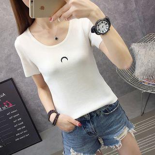 Moon Embroidered Short-sleeve Knit Top