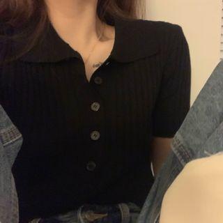 Polo-neck Short-sleeve Rib Knit Top