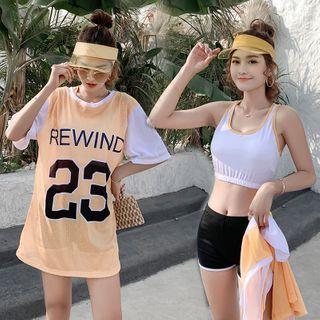 Set: Contrast Trim Tankini Top + Shorts + Cover-up Top