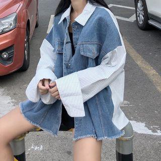 Striped Panel Denim Jacket Light Blue - One Size