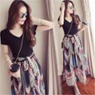 Mock Two-piece Short-sleeve Patterned Chiffon Paneled A-line Midi Skirt