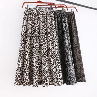 Leopard Print Corduroy Midi A-line Skirt