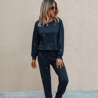 Set: Long Sleeve Round Neck Leopard / Lightning Printed T-shirt + Drawstring Sweatpants