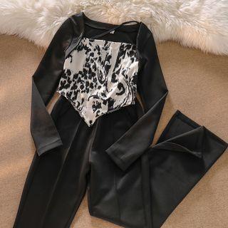 Long-sleeve Leopard Print Crop Top / Wide Leg Pants