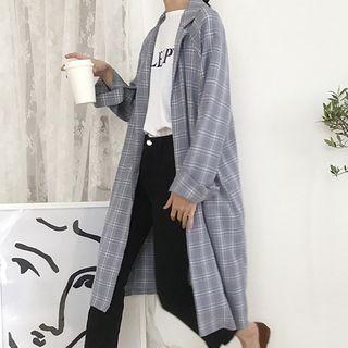 Plaid Open Front Long Jacket As Shown In Figure - One Size