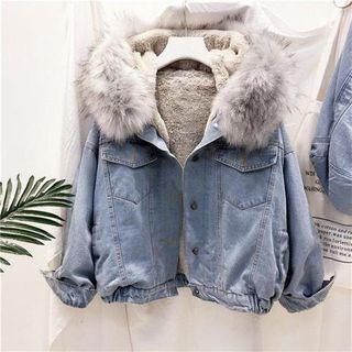 Fluffy Trim Hooded Denim Jacket