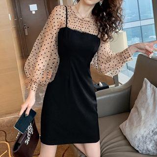 Long-sleeve Dotted Mesh-panel Mini A-line Dress