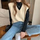 Mock-neck Long-sleeve / Top V-neck Knit Vest