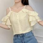 Elbow-sleeve Mesh Paneled Ruffled Buttoned Top